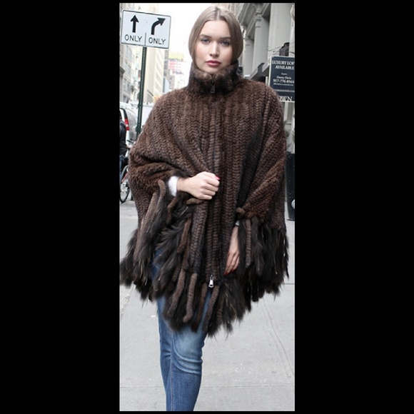 Mahogany Knit Mink Fur Zippered Poncho